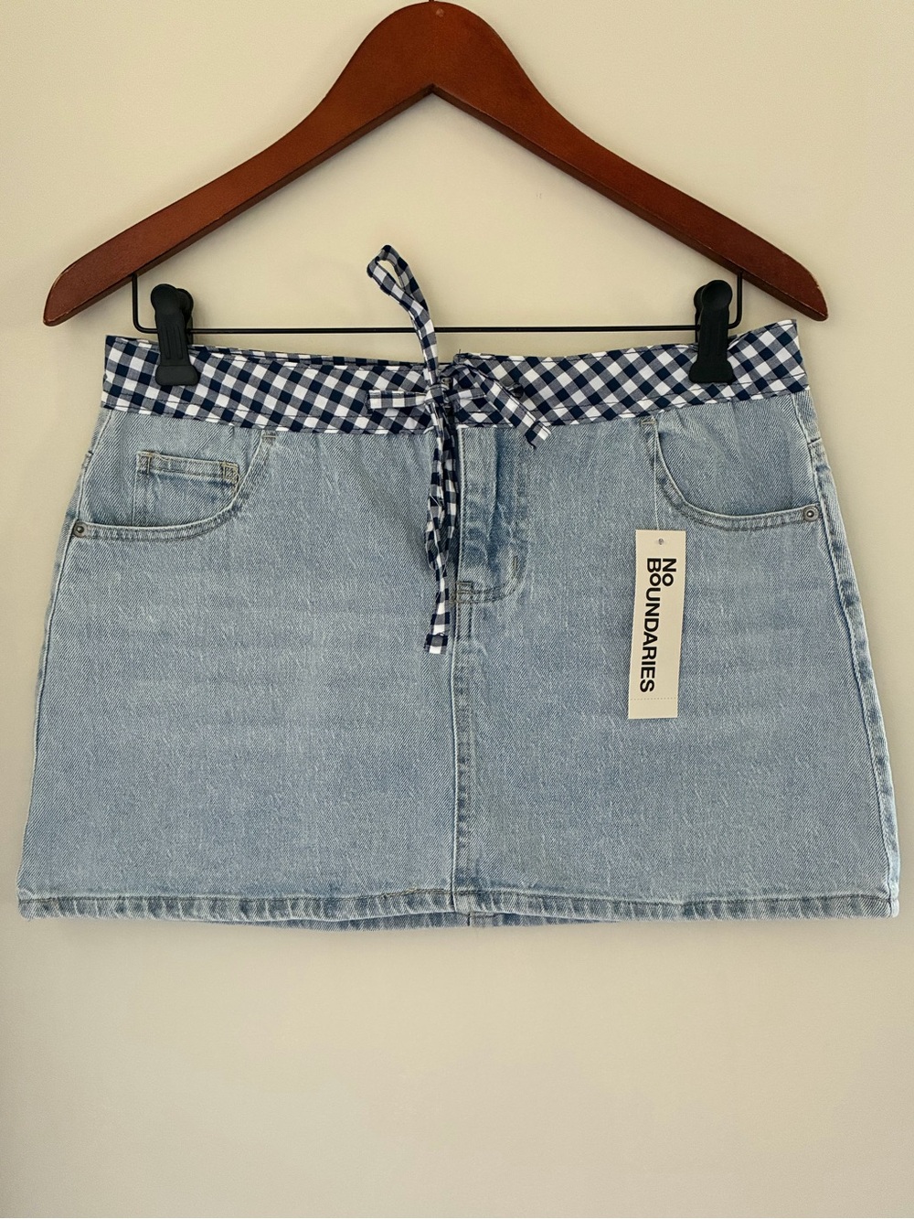No Boundaries Denim Mini Skirt Light Wash Gingham Waistband Blue XS 0-2 NWT